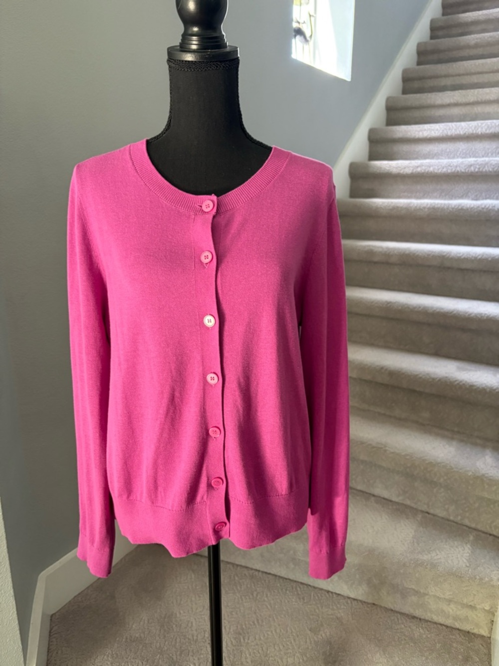 LOFT Button-Front Crewneck Cardigan in Hot Pink